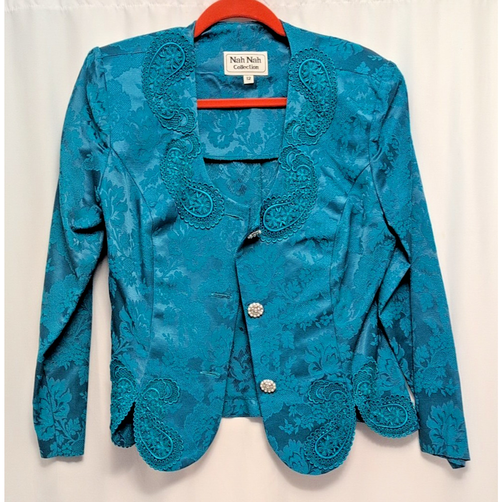 nah nah collection 12 jacket teal paisley rhinestone buttons shoulder pads